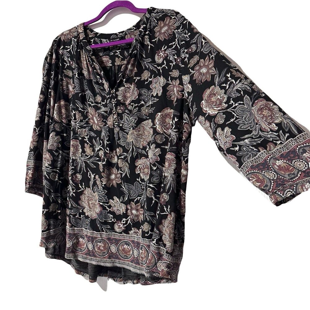 Lucky Brand Women’s Top Black Floral Print Boho 3/4 Sleeve Blouse Size 2X